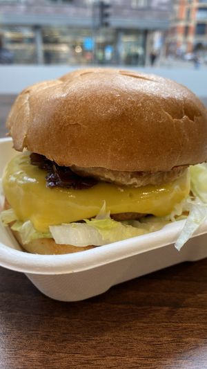 Beefless Burger with cheese at Wholesome Junkies in Manchester