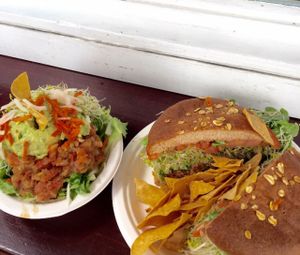 taco bowl & garden burger at The Stand Natural Foods in Laguna Beach