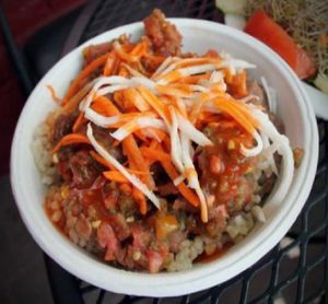 special bowl-beans and brown rice, topped with guacamole and seasoned with mild salsa. at The Stand Natural Foods in Laguna Beach