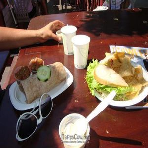The Oriental Burrito and Guacamole and Hummus Sandwich, with the frozen banana puree. YUM! at The Stand Natural Foods in Laguna Beach