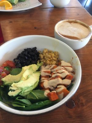 Vegan breakfast bowl with oat cappuccino  at iJava - Delmas in San Jose