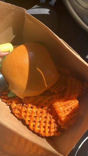 Classic burger with sweet potato fries and marshmallow sauce!! at Vegan On The Go in Oakland Park