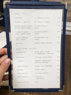 Sample menu (May 2019) at Bungalow by Middle Brow in Chicago