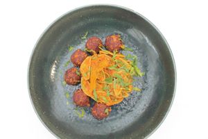 "Skiufichta" pasta with soy meatballs at Avocado in Crete