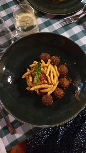 Pasta with soy "meatballs" at Avocado in Crete