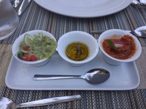 Guacamole, olive oil and mousse of paprika at Avocado in Crete