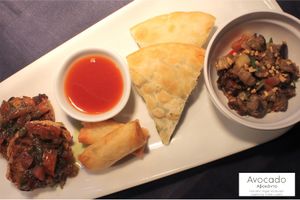 Starters
Variation of bread & bread sticks, “Paximadia” (traditional Greek croutons), accompanied by a Guacamole, Olive oil with Cretan herbs, Mousse of grilled paprika at Avocado in Crete