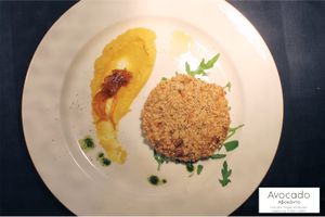 Vegetable burger with country style potatoes and redbeet mousse
 at Avocado in Crete