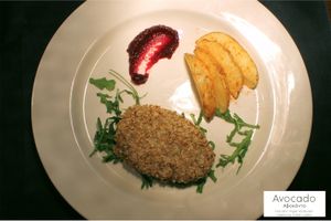 Vegetable schnitzel with puree of sweet potato and caramelized onion
 at Avocado in Crete