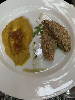 Vegetable schnitzel and pumpkin purée  at Avocado in Crete