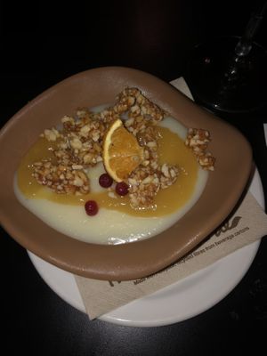 Vanilla cream pudding with almond brittle at Avocado in Crete