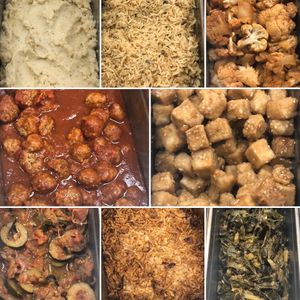 Hot Bar 01/20/20 - mashed potatoes, thyme rice, sweet and smokey cauliflower, sweet and sour beyond meatballs, sesame tofu, tomato zucchini, crunchy vegetable casserole, greens at Fork My Life in Sarasota