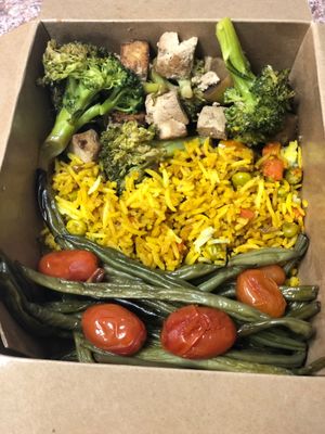 Tofu broccoli, vegetable “fried” rice, maple balsamic string beans at Fork My Life in Sarasota