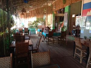 Dinning area with beautiful plants at The Green Carrot in Banlung