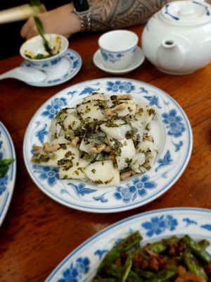 Year Cake (direct translation), thick Shanghai noodles with "pork" and pickled veggie at Shanghai Yuen Vegetarian in Macau