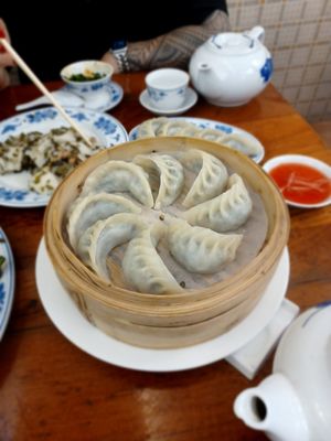 Steamed dumplings - choi and mushrooms at Shanghai Yuen Vegetarian in Macau