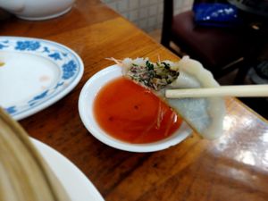 Inside the dumplings - choi and mushrooms at Shanghai Yuen Vegetarian in Macau