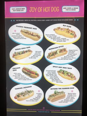 menu at Joy of Hot Dog in Las Vegas
