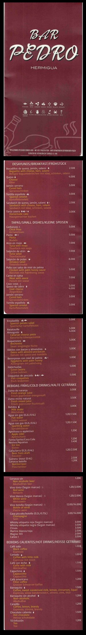 Menu Oct 2021 at La Casa Creativa / Bar Terraza Pedro in La Gomera