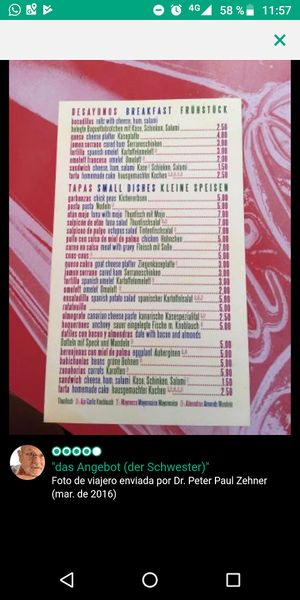 Menu and prices at La Casa Creativa / Bar Terraza Pedro in La Gomera