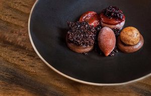 Vegan chocolate and hazelnut cream/ red whortberry jam/ plum sorbet/ marinated plums/ cacao beans at Fino in Gdansk