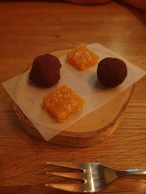 Petit four - orange yellow and chocolate marzipan  #Veganuary at Fino in Gdansk