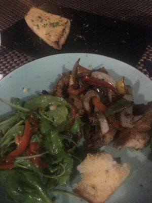 Salt and pepper mock duck with olive oil garlic bread. Yum.  at Rustica in Torrevieja