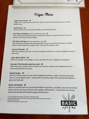 Vegan menu at Basic Bistro in Stellenbosch