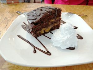 Chocolate cake with vegan whipped cream at Cafe La Lola  in Gran Canaria