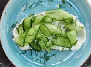 Llvegan labneh and cucumber toast at Orenda in Beirut