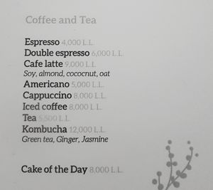 Coffee and tea menu at Orenda in Beirut