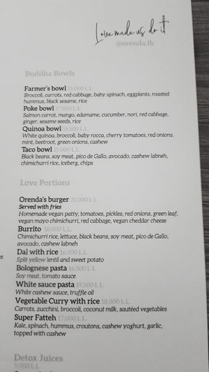 Menu at Orenda in Beirut