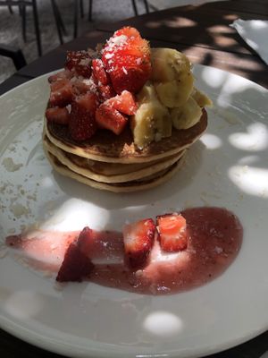 Pancakes with fruits and homemade syrup  at Orenda in Beirut