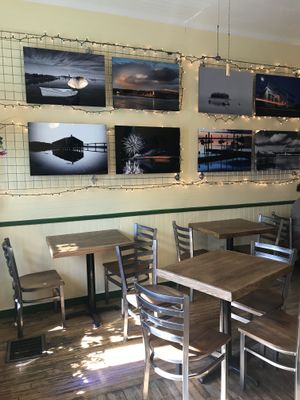Art seating at Sally Ann's Cafe and Market in Lubec