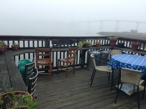 back porch overlooking the harbor on a foggy morning at Sally Ann's Cafe and Market in Lubec