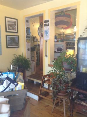 heading down towards back deck at Sally Ann's Cafe and Market in Lubec