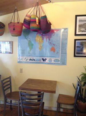 colorful maps and baskets for sale at Sally Ann's Cafe and Market in Lubec