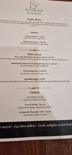 Menu as at 17th March 2022 at The Crown Hotel in Newton Stewart