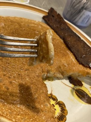 Some of the best vegan pancakes I’ve had out. Perfectly cooked veggie bacon!! at The Toasted Owl Cafe - Cortland Blvd in Flagstaff