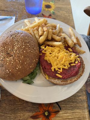 Rainbow burger (beet version)  at The Toasted Owl Cafe - Cortland Blvd in Flagstaff