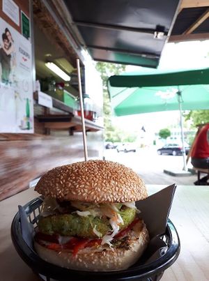 Vegan burger. Photo by: Vratarnica- Mojčine dobrote on Facebook at Vratarnica- Mojčine dobrote in Kamnik