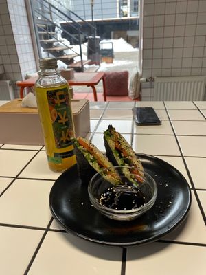 Mock 'salmon' onigirazu at Green+Go in Minsk