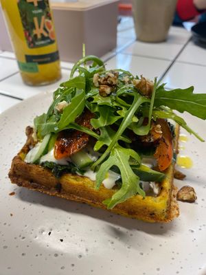 Mock 'salmon' savoury waffle at Green+Go in Minsk