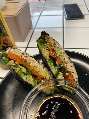 Mock 'salmon' onigirazu at Green+Go in Minsk