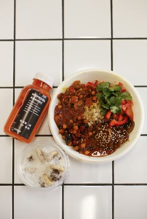 Quinoa Bowl with Baked Vegetables and Seitan.
Home made lemonade with carrot & pineapple.
Choco desert with cocoa, dates and coconut. at Green+Go in Minsk