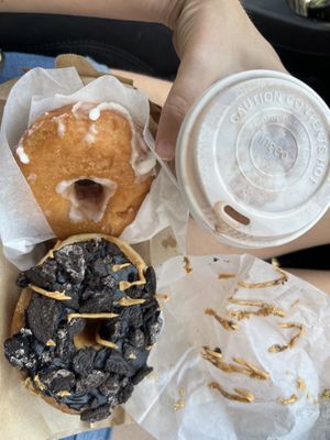 Glazed, peanut butter Oreo, and coffee!   at Pepperbox Doughnuts - Design Center  in Charlotte