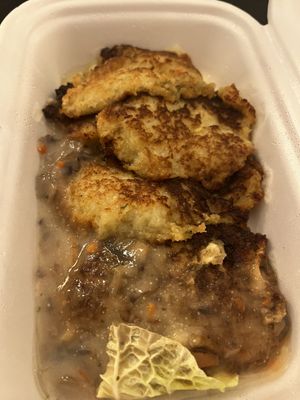 Potato pancakes with mushroom sauce   at Vilties Vaistinės Arbatine in Kaunas