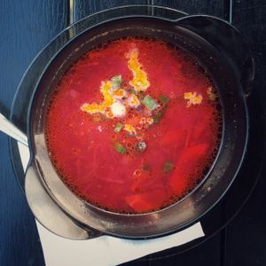 hot beetroot soup at Vilties Vaistinės Arbatine in Kaunas