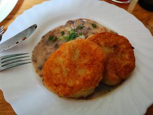 Stuffed potato pancake with mushrooms at Vilties Vaistinės Arbatine in Kaunas