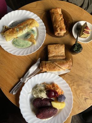 Spinach crêpes, Beetroot cotlets, Chia seed cake, Pastries (Spinach, Vegetables, Apple&Sesame)  at Vilties Vaistinės Arbatine in Kaunas